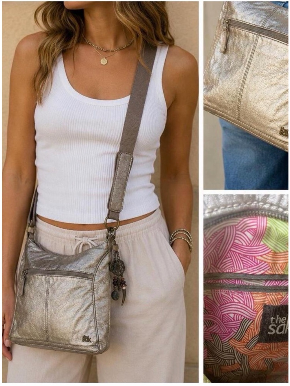 The SAK Lucia Crossbody Bag Metallic Silver Leather Shoulder Bag Purse